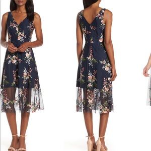 Vince Camuto Floral Embroidered Mesh Midi Dress